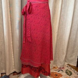 Wayan Silk Blend Wrap Skirt One Pink & Red Paisley Boho Skirt - One Size